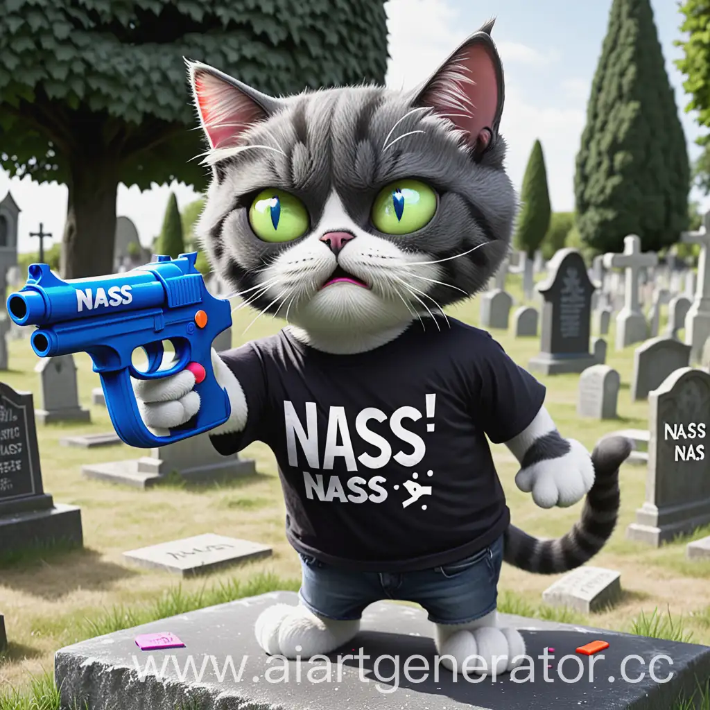 Кот стреляет из водного пистолета на фоне кладбища и у него на футболке написано nass