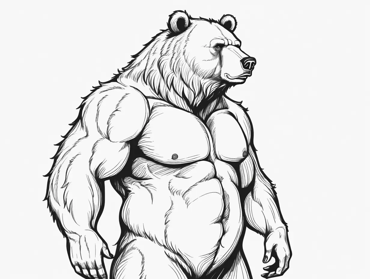 Furry, human like bear with masculine body looking far away  line art