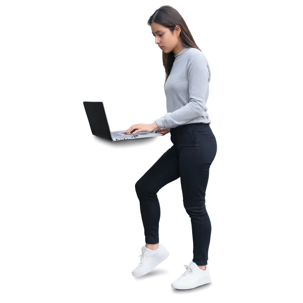 a girl using laptop by stand