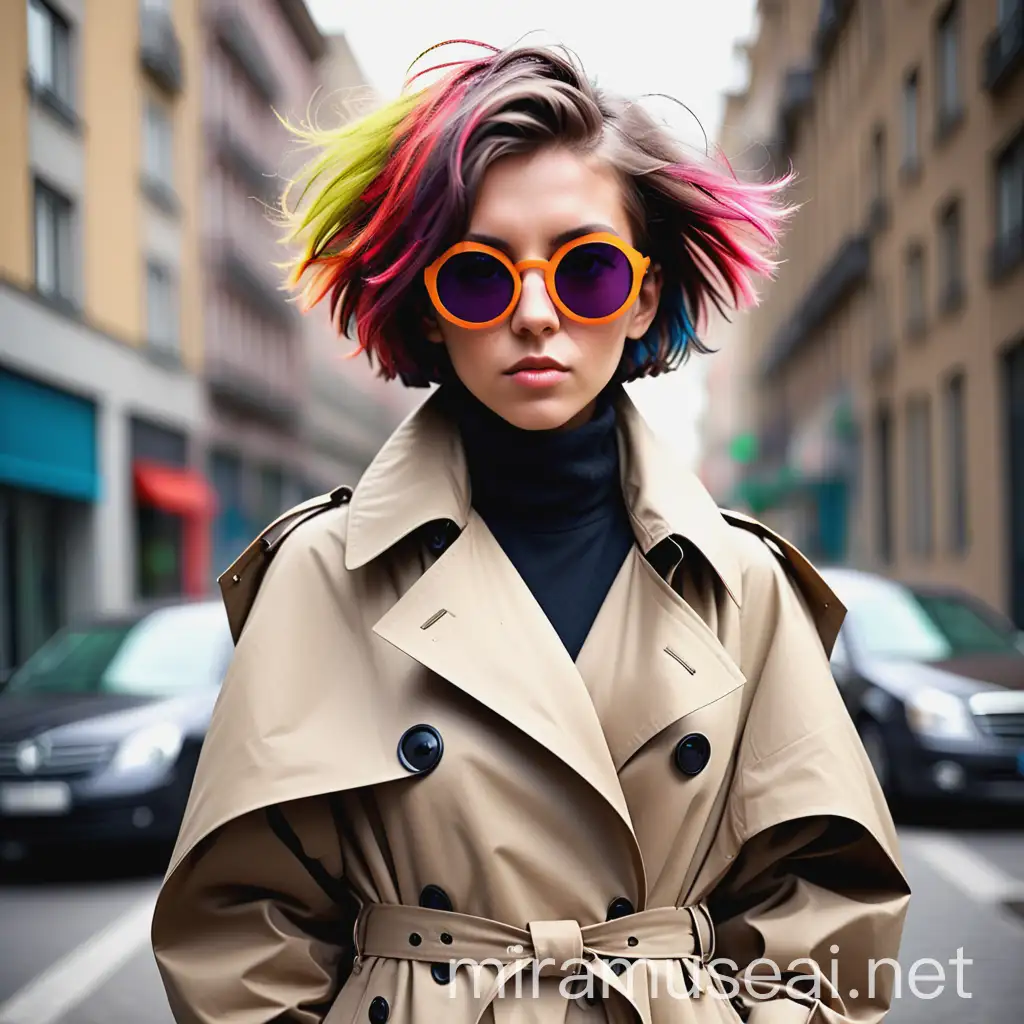 AvantGarde Woman in Vibrant Trench Coat and Round Sunglasses