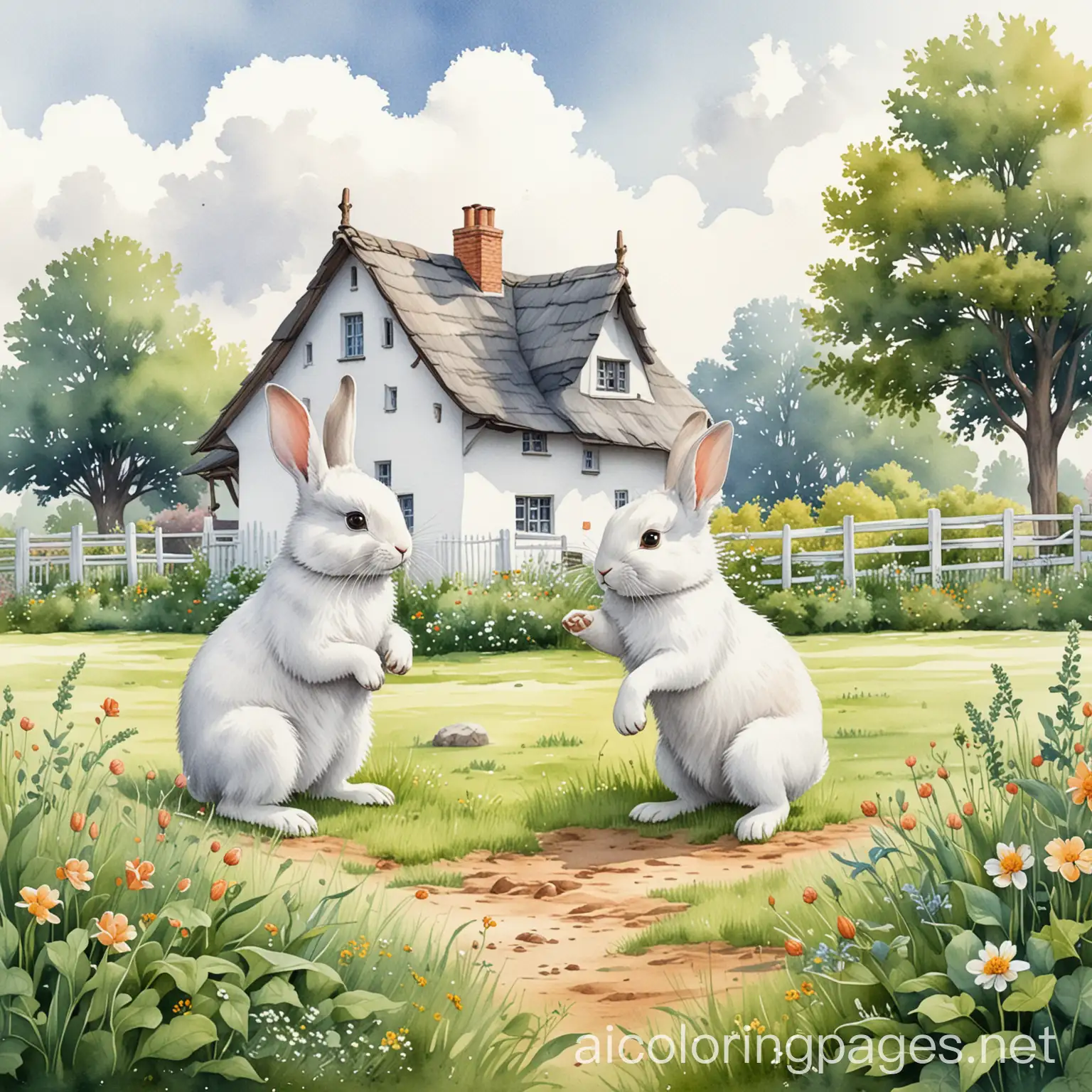small cute two bunnies playing in a field near a village house watercolour illustration, Coloring Page, black and white, line art, white background, Simplicity, Ample White Space. The background of the coloring page is plain white to make it easy for young children to color within the lines. The outlines of all the subjects are easy to distinguish, making it simple for kids to color without too much difficulty