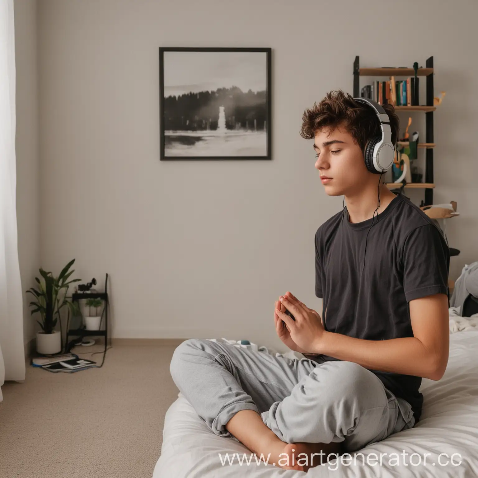 Teenager-Meditating-with-Headphones-in-Serene-Room