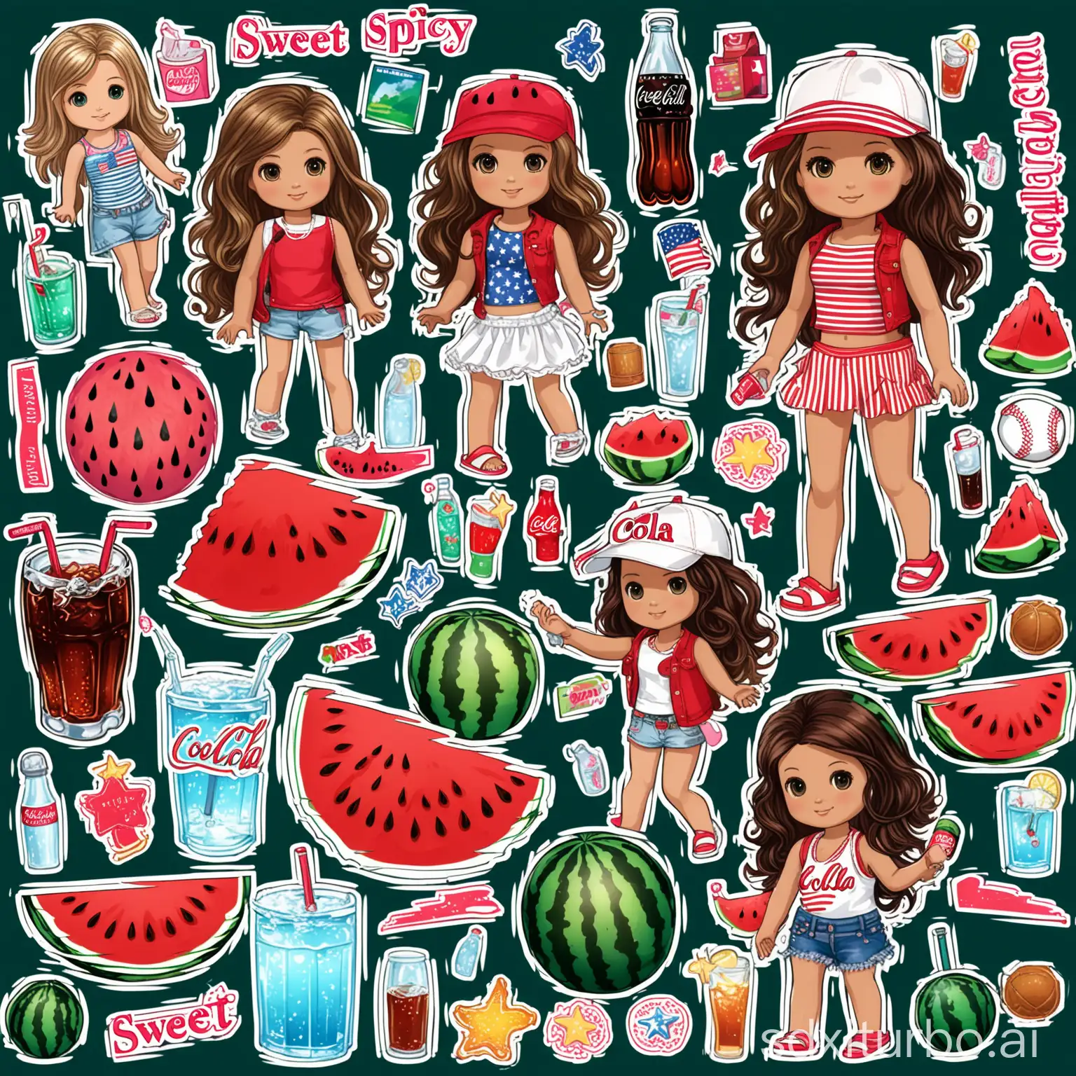 A set of sweet and spicy sticker patterns with transparent background, including American girl, watermelon, hot American girl style, cola, soda water, baseball, beach, etc.