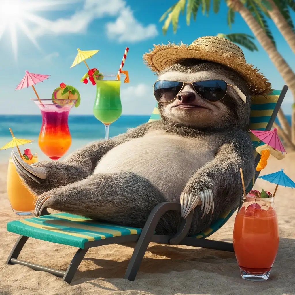 A grumpy sloth lounging on a beach chair, surrounded by cocktails.