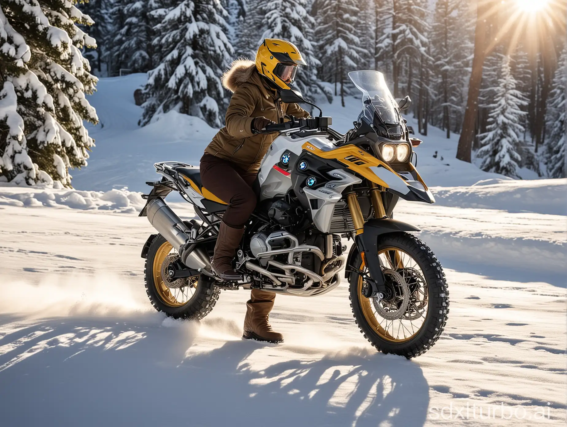 bmw r1250gs alpen sunshine motorcycle snow woman lean angle