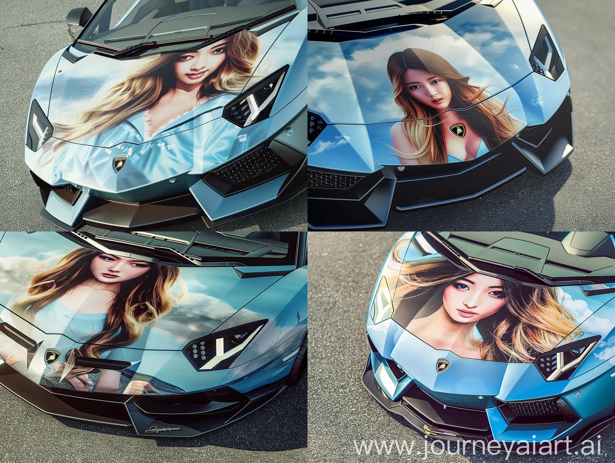 The image showcases the front end of a lamborghini revuelto, featuring a hyper-realistic, realistic beutiful blonde wrap on the hood by an unidentified artist. The composition highlights the car's sleek and aggressive design, with sharp headlights and a prominent logo. The subject of the wrap is a young woman with long, flowing hair, wearing a light blue outfit, creating a striking contrast against the car's surface. The background shows the car on an asphalt surface, suggesting a setting suitable for a photo shoot. The vivid colors of the wrap stand out, drawing attention to the detailed and expressive illustration amidst the otherwise monochromatic environment, ultra-realistic, ultra-detailed