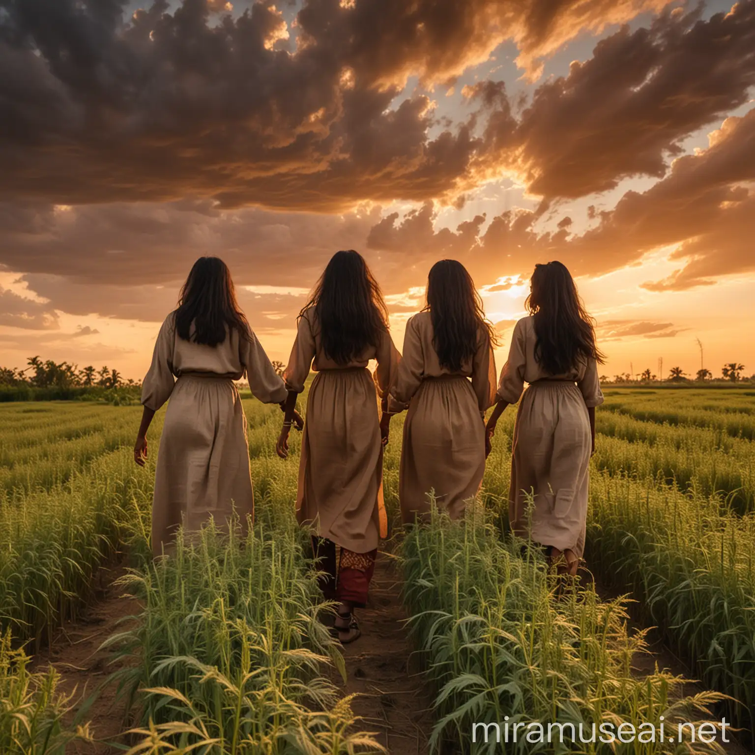 South Asian Women in Hemp Fields at Sunset