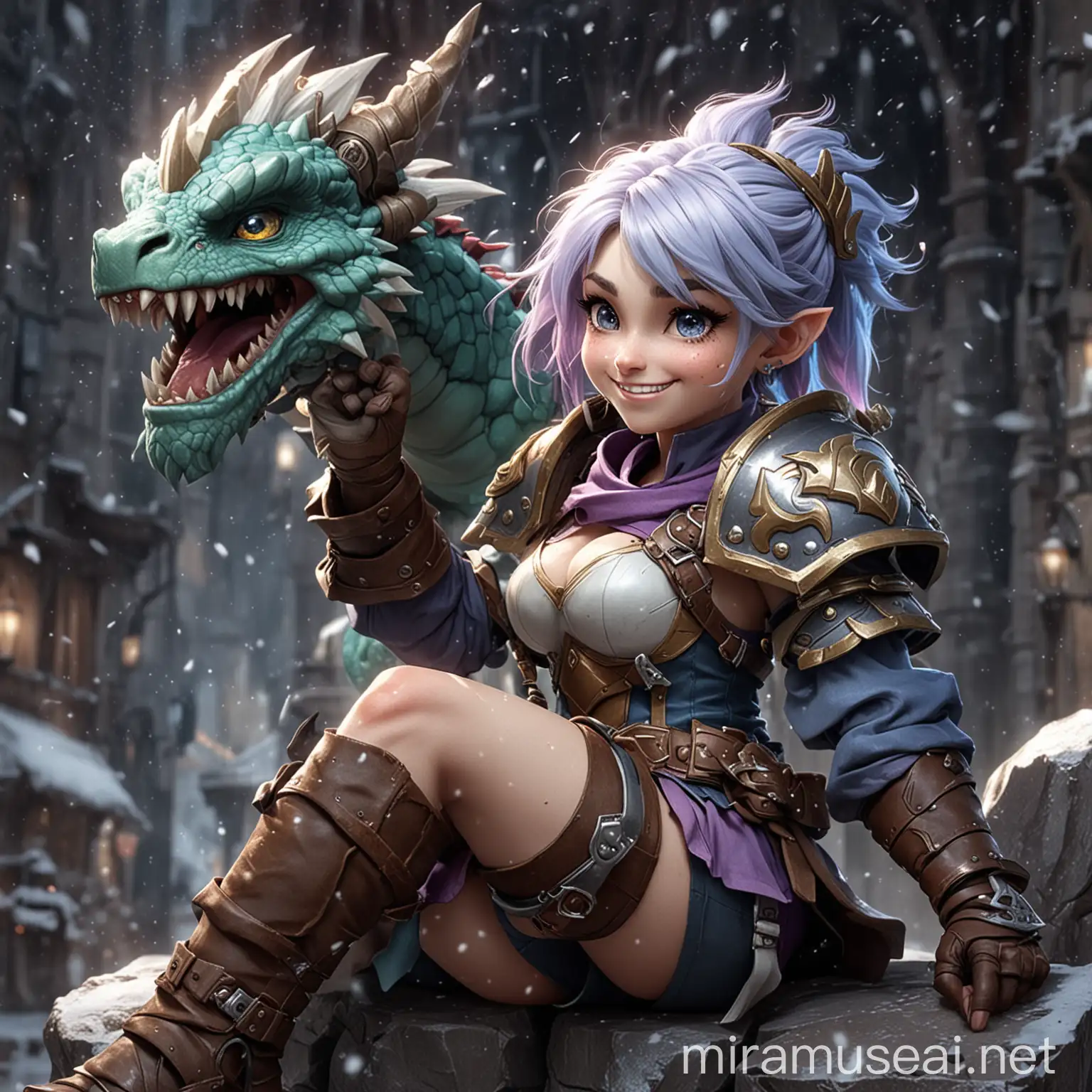 from league of legends charecters tristana (dragon trainer skin) is sitting on braum's right shoulder and having facial expression like XD (she's cracking up) while her small dragon is on her lap licking her and meanwhile braum (in crime city skin) is standing strong and smiling and blinking with his right eye and his left foot is on his vault shield and he's twisting his moustache with his left arm and for background they are on top of a cold and rocky mountain (dark gray for color of stones) and its snowing
