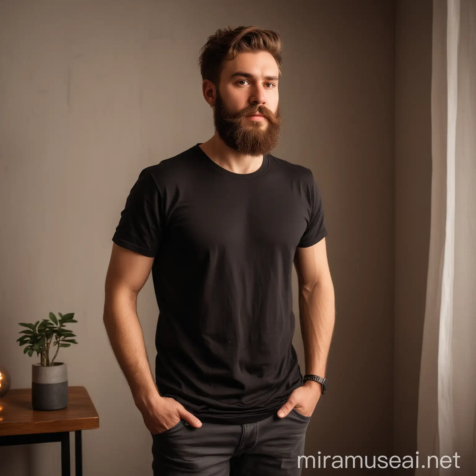 Warmly Lit Room Portrait of a Bearded Man in Black TShirt