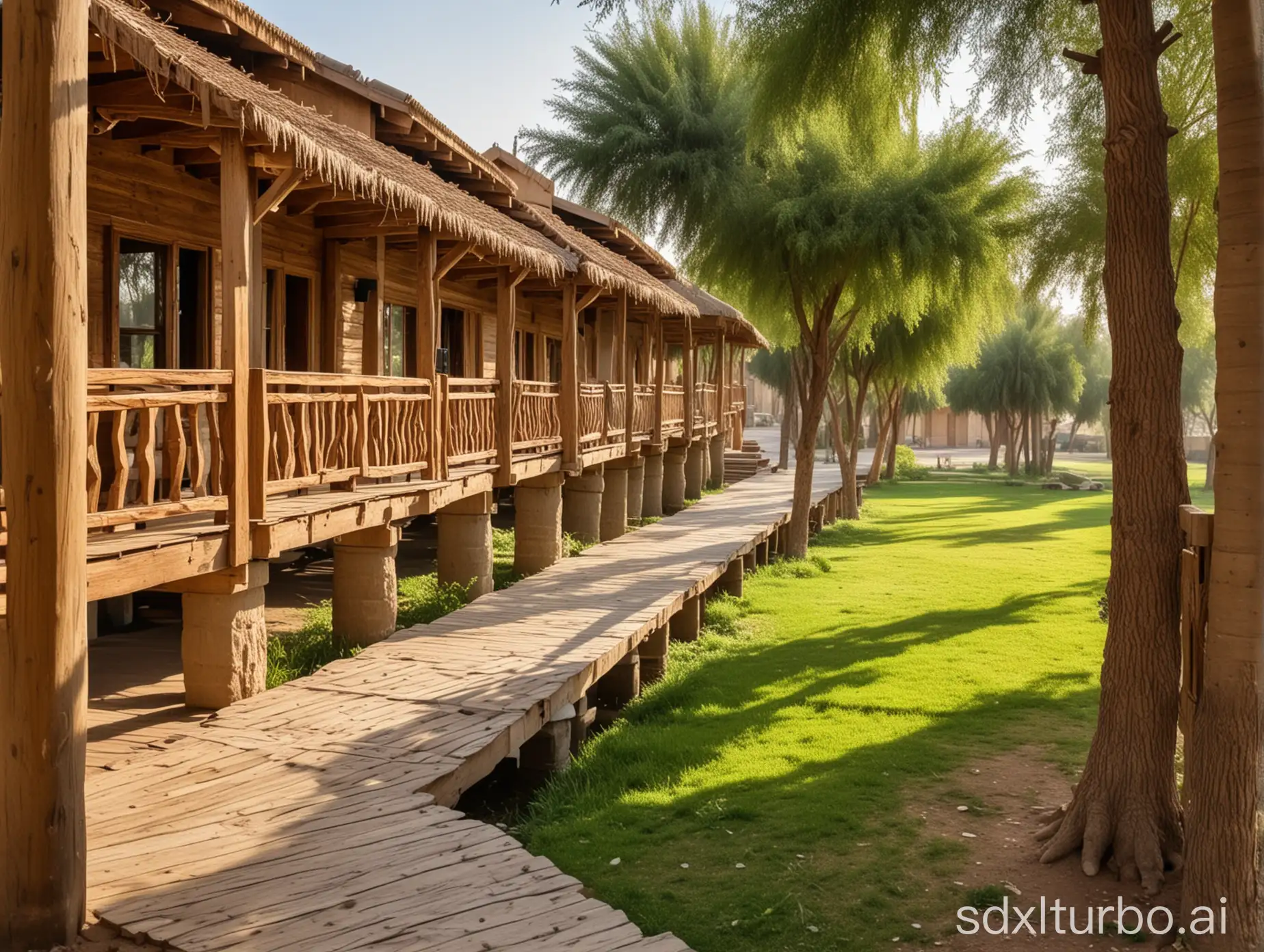 Baghdad, five tourist wood chalet on wooden columns linked between them with wooden walkway, green lawn, lush landscape, day time, sun rays