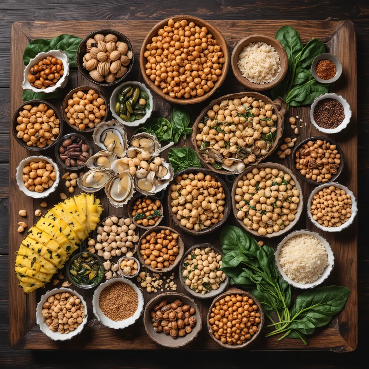 appetizing, attractive arrangement of foods on dark wooden table. foods to include: Whole grains, pineapple, hazelnuts, clams, oysters, mussels, soybeans and other legumes (such as chickpeas), rice, leafy vegetables (such as spinach), cup of coffee, cup of black tea