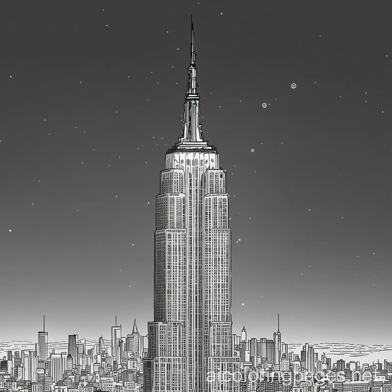 Empire State Building that is high up in outer space, Coloring Page, black and white, line art, white background, Simplicity, Ample White Space. The background of the coloring page is plain white to make it easy for young children to color within the lines. The outlines of all the subjects are easy to distinguish, making it simple for kids to color without too much difficulty