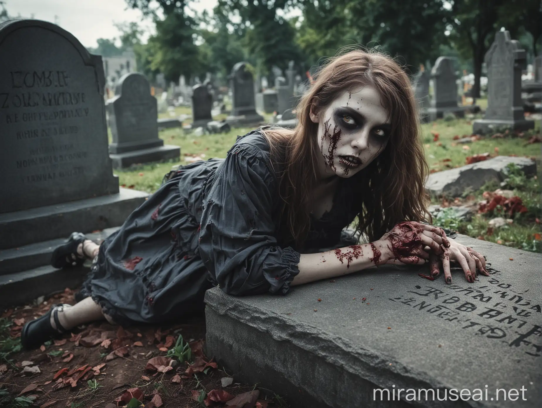 Zombie Girl Resting in Eerie Graveyard Scene