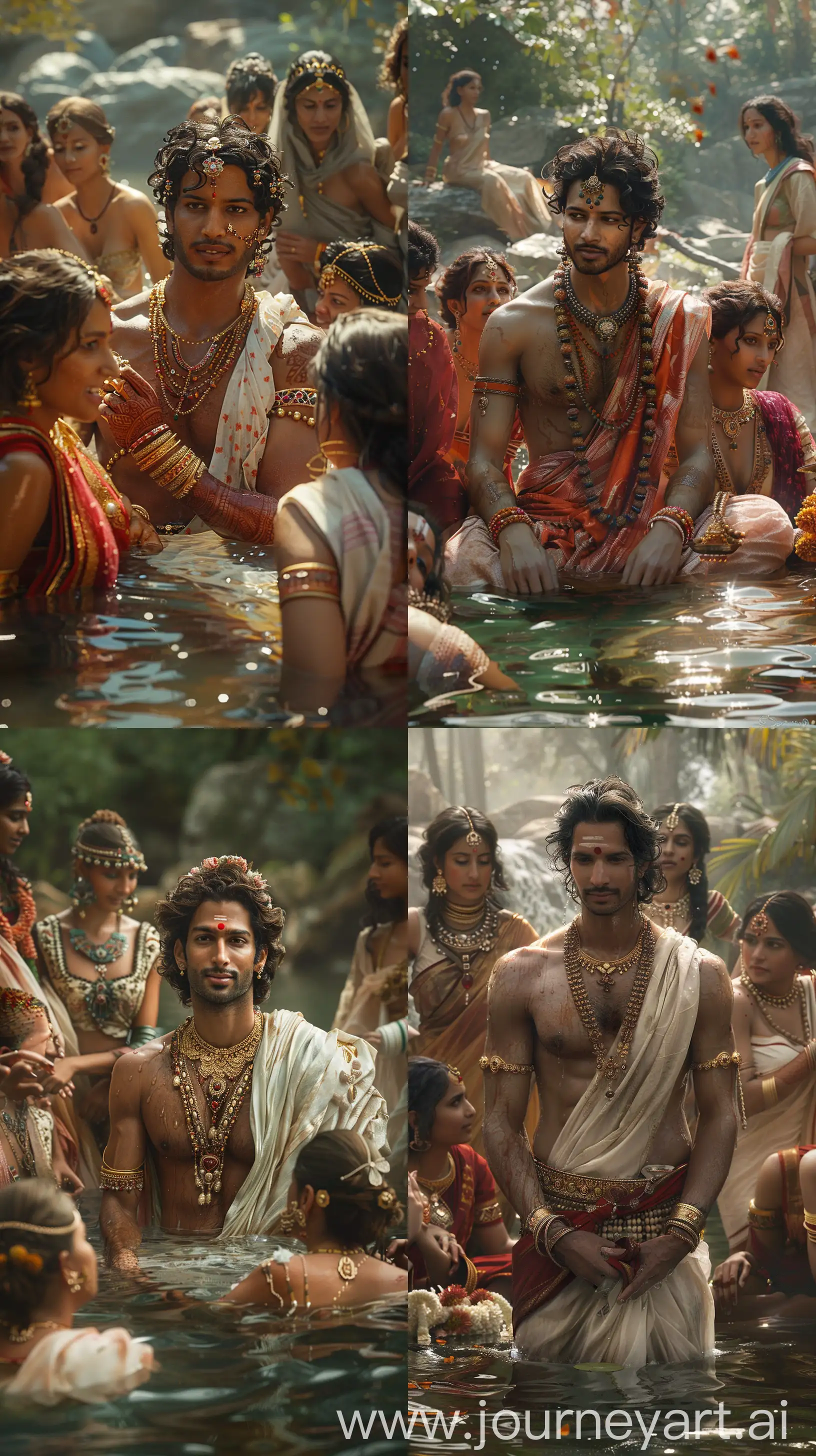Serene-Ancient-Indian-Prince-Bathing-Surrounded-by-Playful-Women