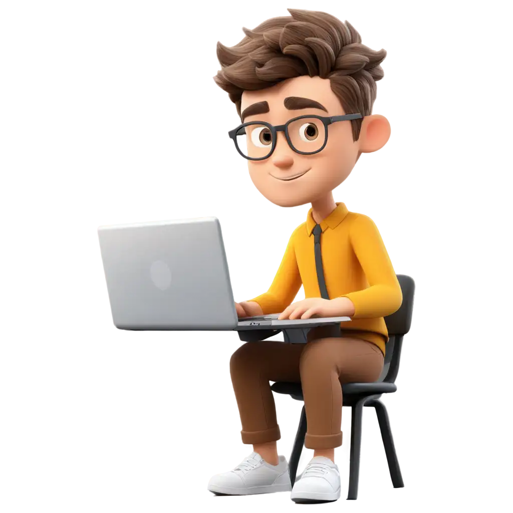 a cute boy working with laptop as a data analyst cartoon simson style