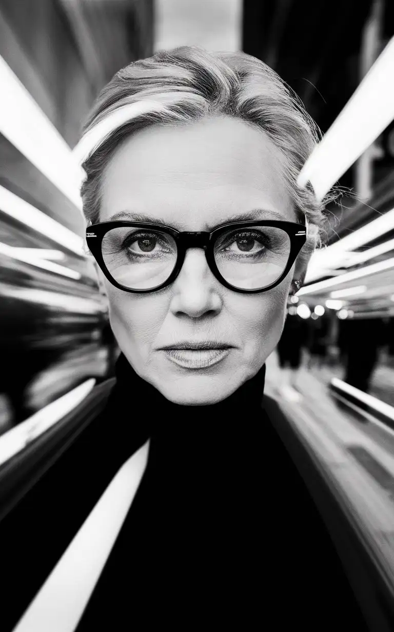 Nicole Kidman  closeup. Her glasses reflect the moving scene around him. This highcontrast image captures movement with graphic lines and conveys intensity through monochromatic elegance.. --ar 85:128 --v 6.0 --style raw