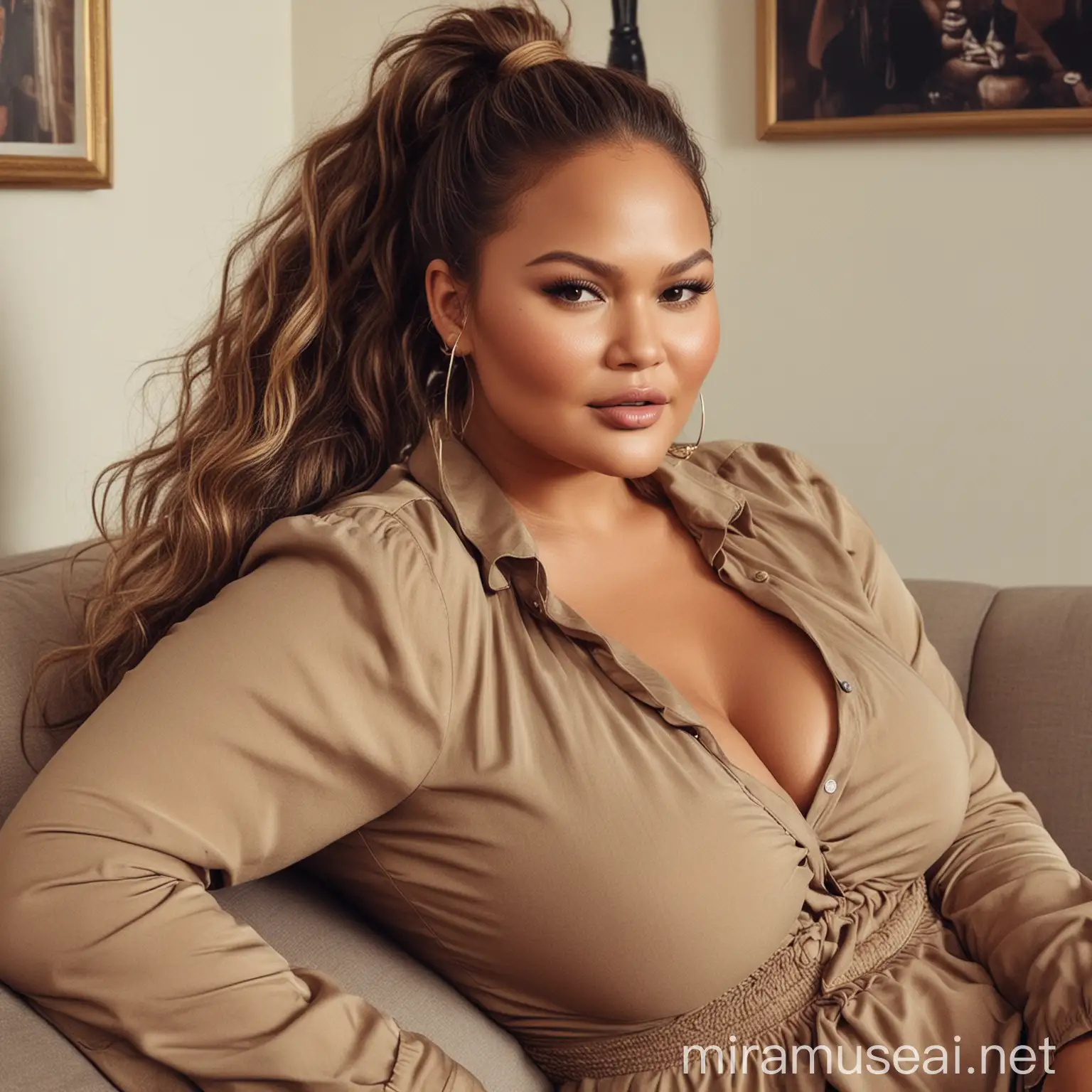 Chrissy Teigen on the couch, wearing a tight shirt, bbw, big long kinky hair in a ponytail, showing massive cleavage, giant breasts
