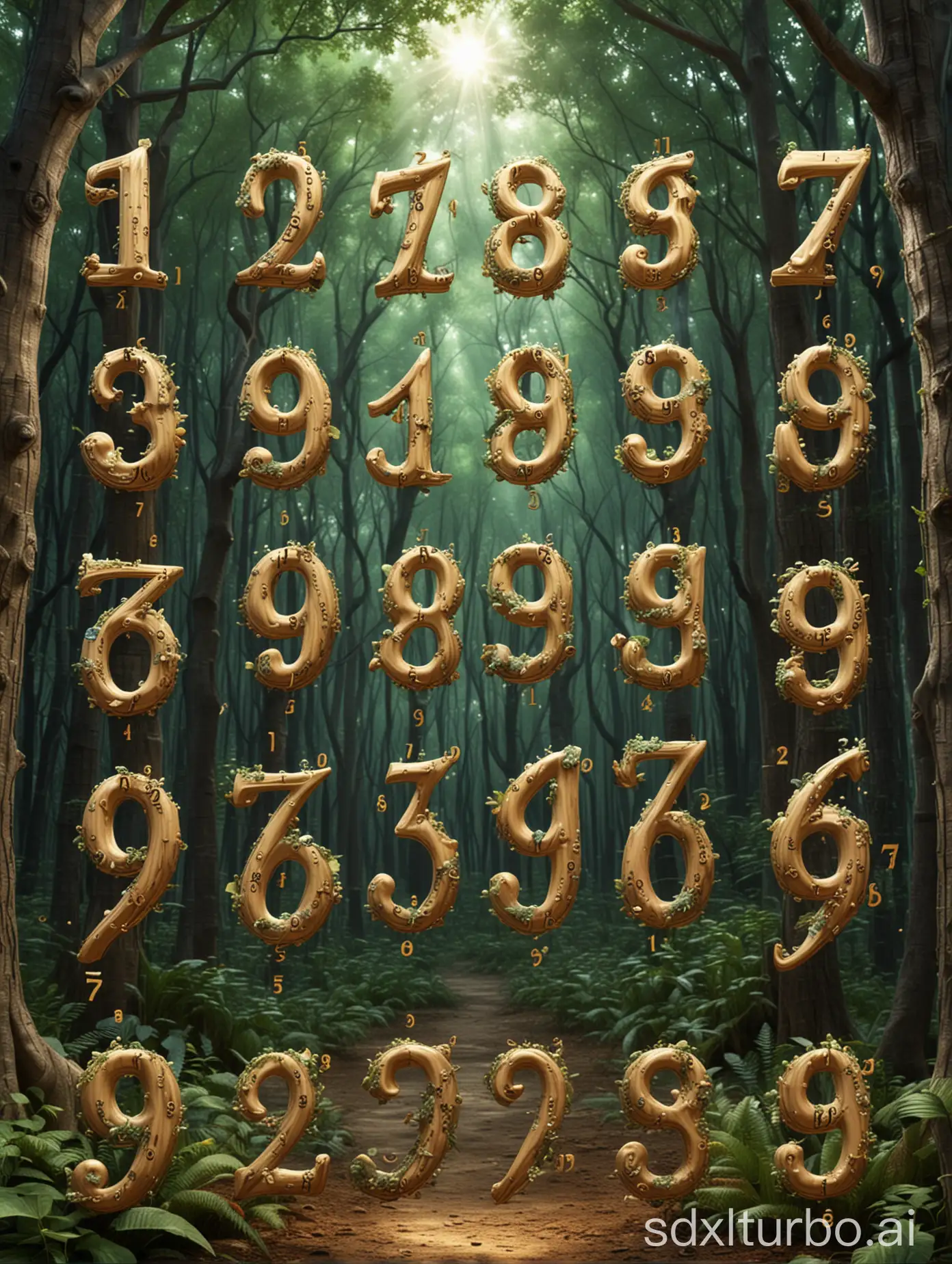 阿拉伯数字1、2、3、4、5、6、7、8、9在奇幻的森林中闪动。