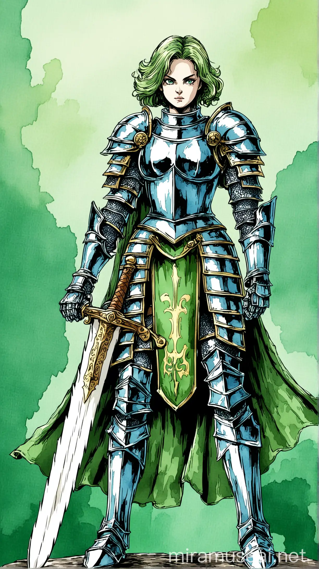 Subject: The central focus of the image is a female knight with a giant sword.
Background: blue-green background painted in watercolor
Style/Coloring: Colors adds depth and richness to the scene. Textures and shadows make the picture more detailed. JoJo reference. 