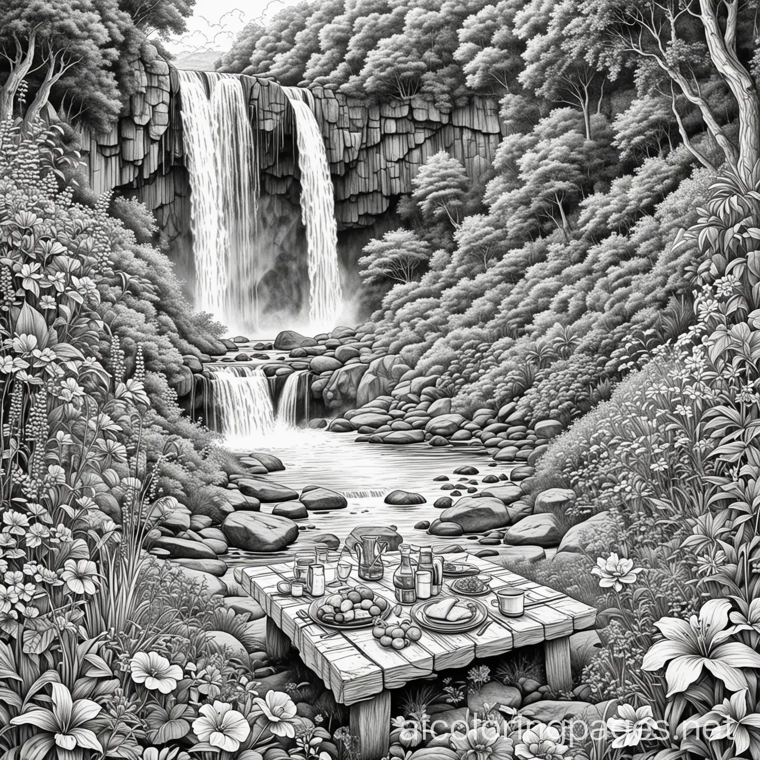 an exotic looking picnic  next to a waterfall in a valley full of flowers
, Coloring Page, black and white, line art, white background, Simplicity, Ample White Space. The background of the coloring page is plain white to make it easy for young children to color within the lines. The outlines of all the subjects are easy to distinguish, making it simple for kids to color without too much difficulty
