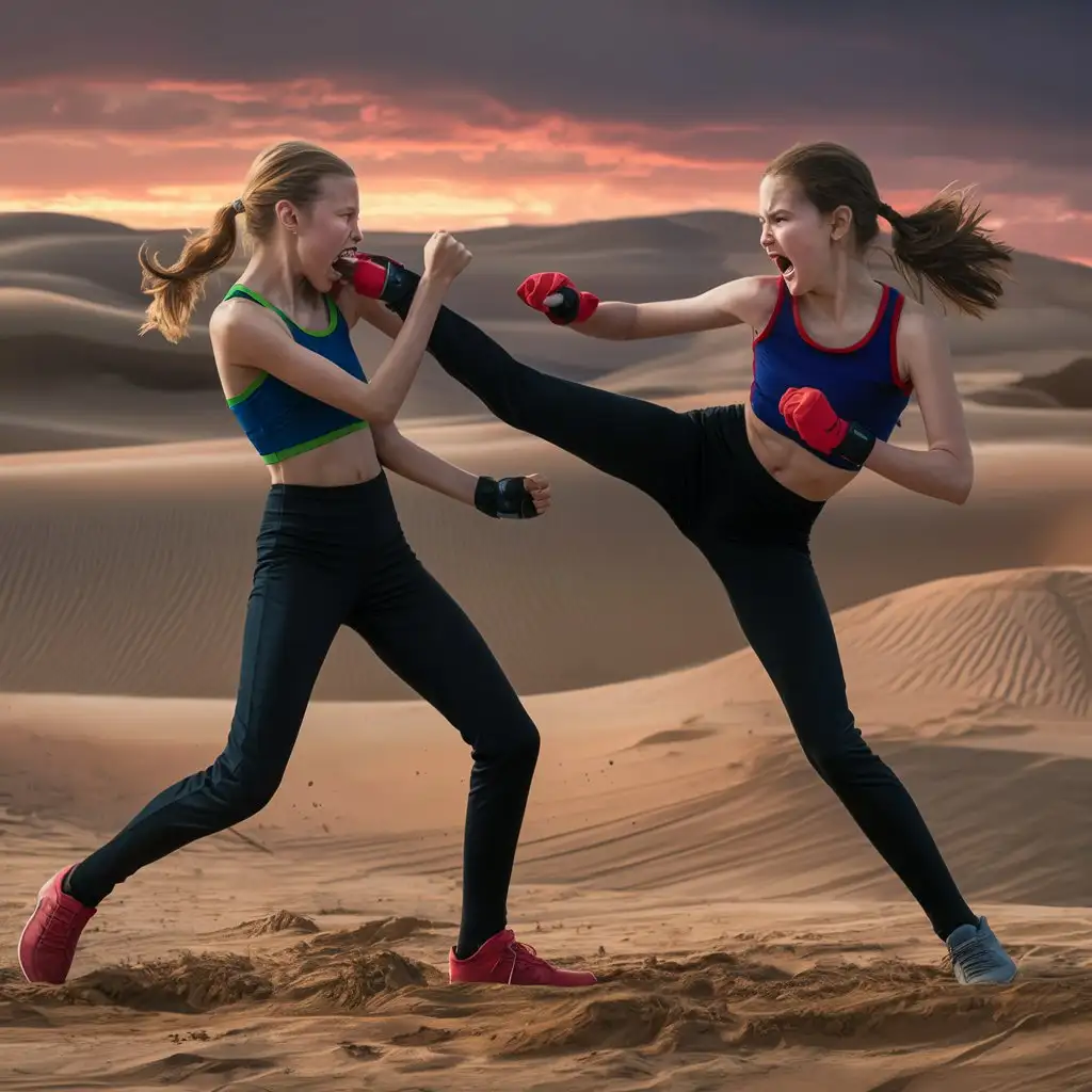 slim teen girls fighting with a kick to the face in the desert