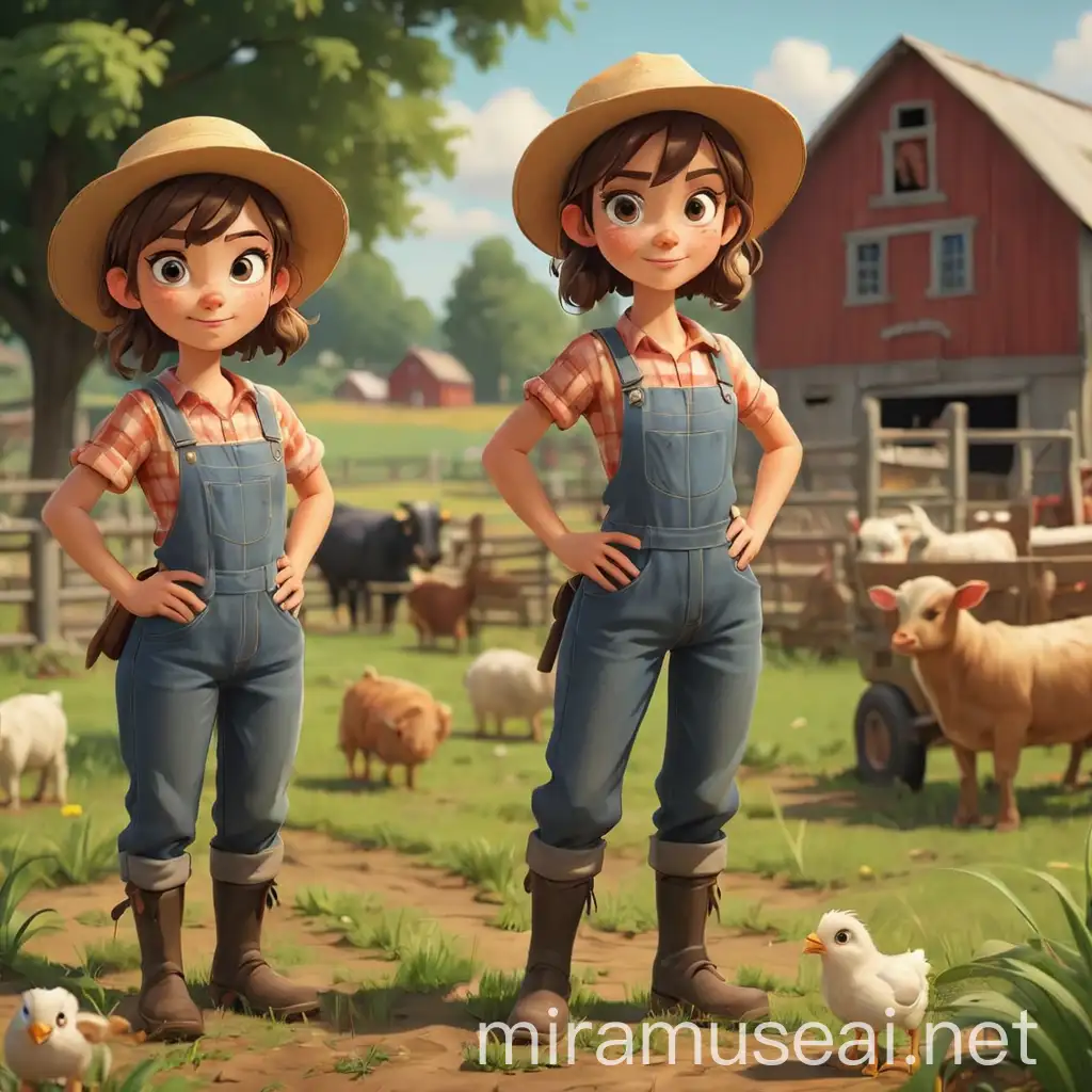 2D cartoon, farm girl, multiple posses