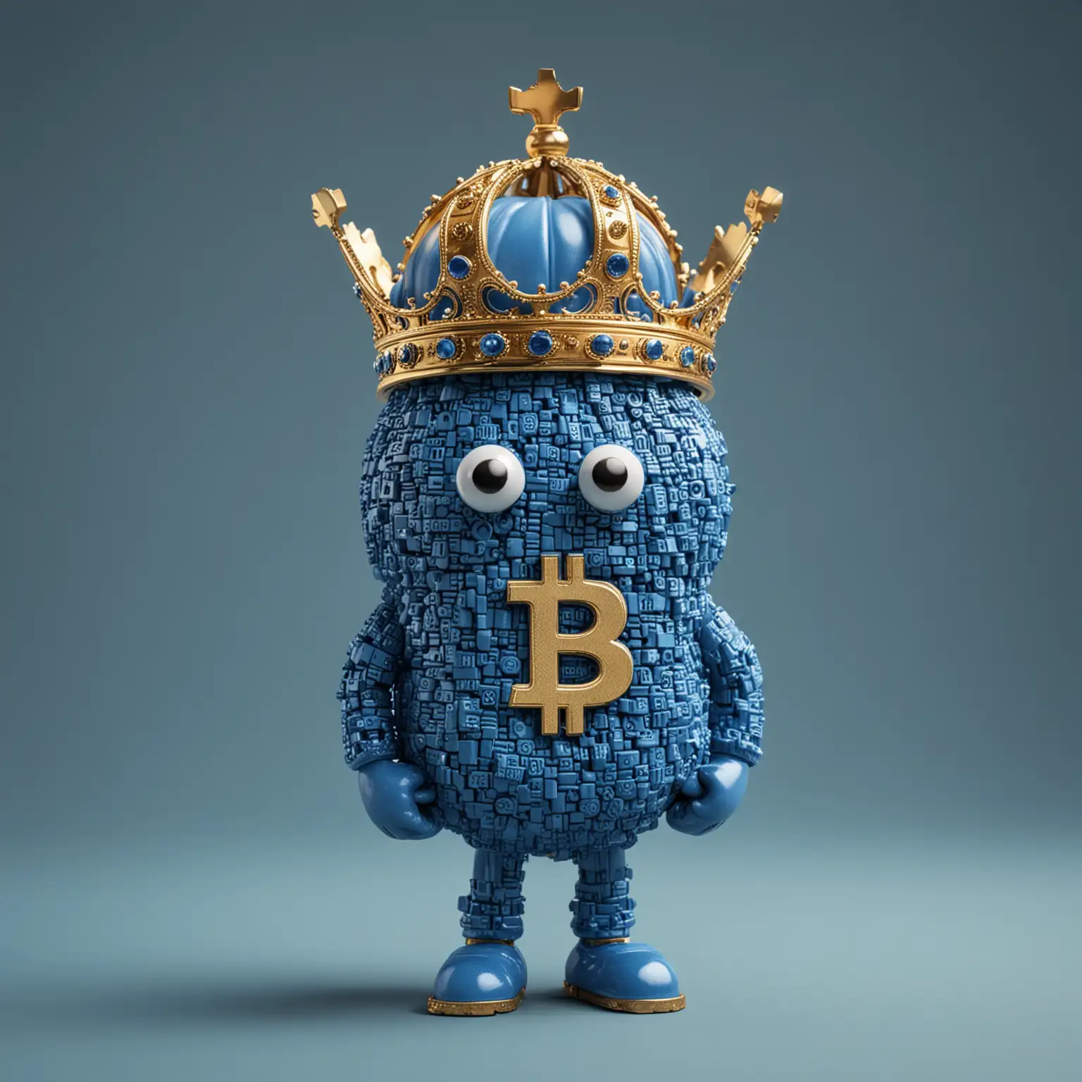 Royal Blue Bitcoin Figure with Crown Digital Currency Monarch on Gleaming Platform
