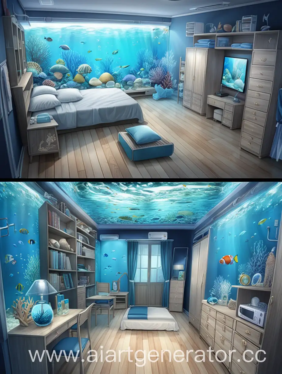 Аниме комната похожая на аквариум, вся мебель из воды, кровать из воды, шкафы из воды, а пол из песка, также в комнате водоросли, корралы и ракушки на полу