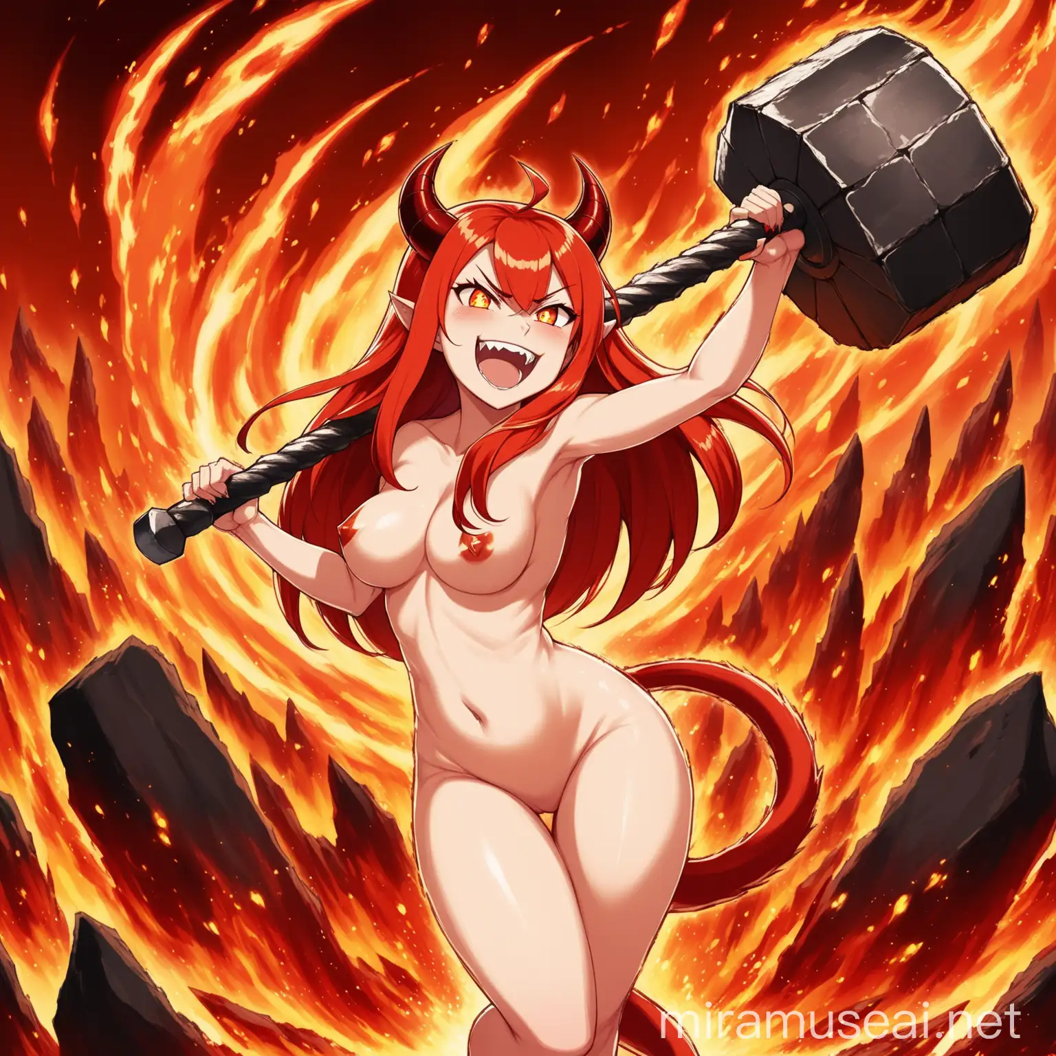 Fiery Anime SheDevil Dancing with Giant Blacksmith Hammer