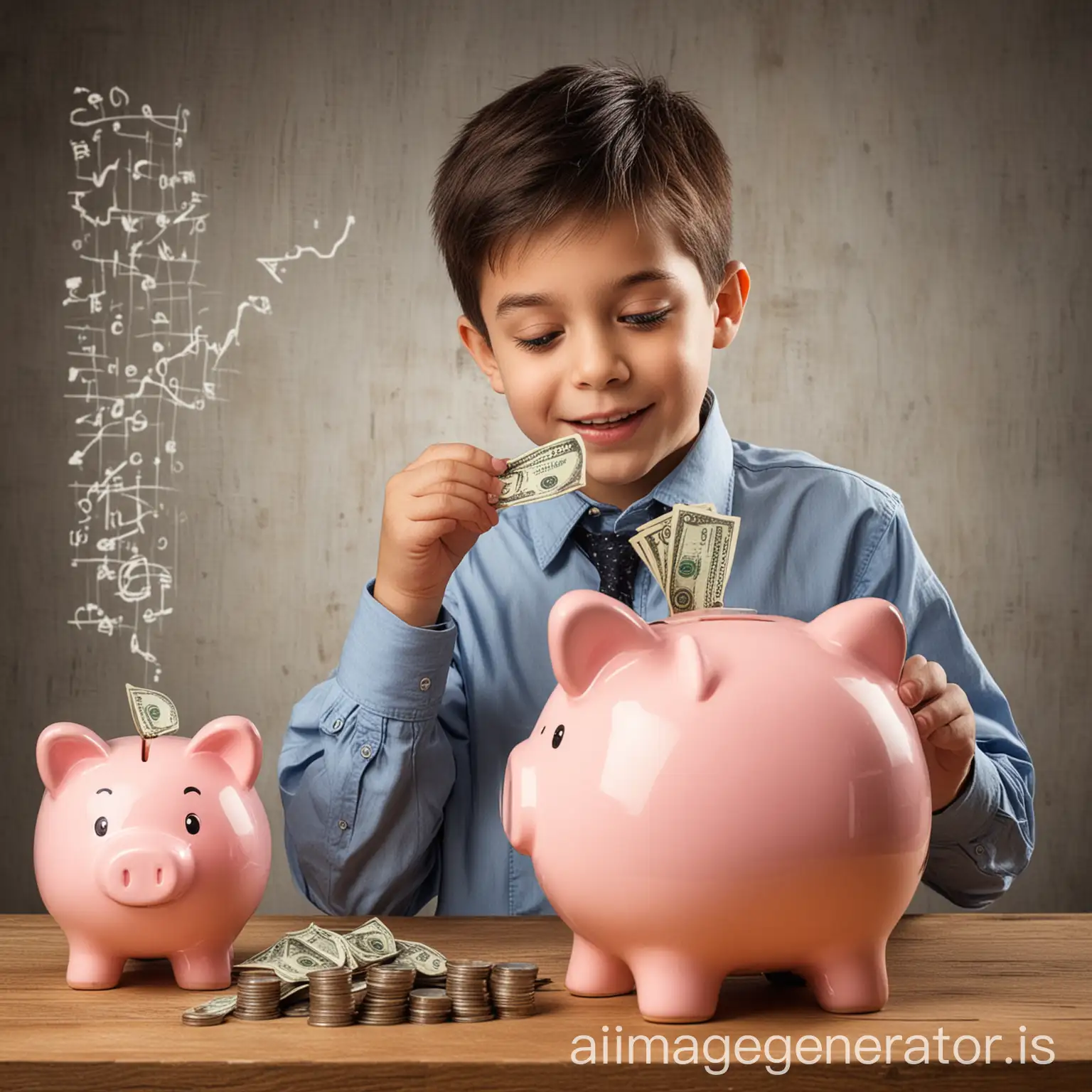 a boy putting his money into piggy bank with stock market background