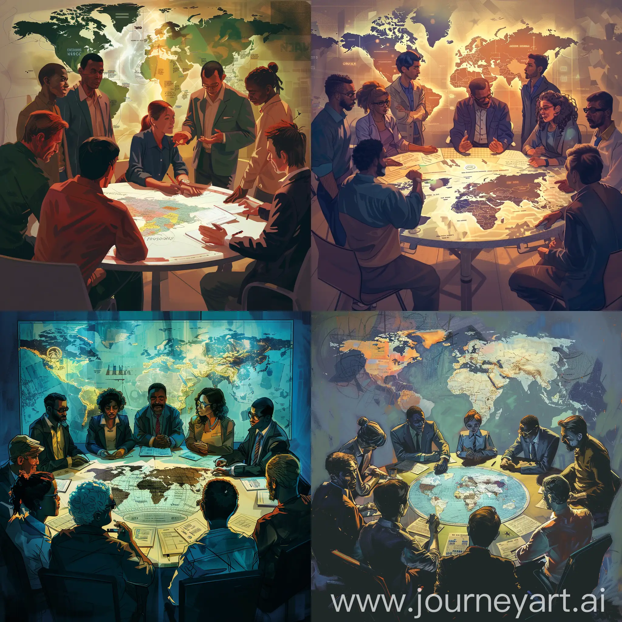 Diverse-Group-Discussing-Sociological-Topics-Around-World-Map