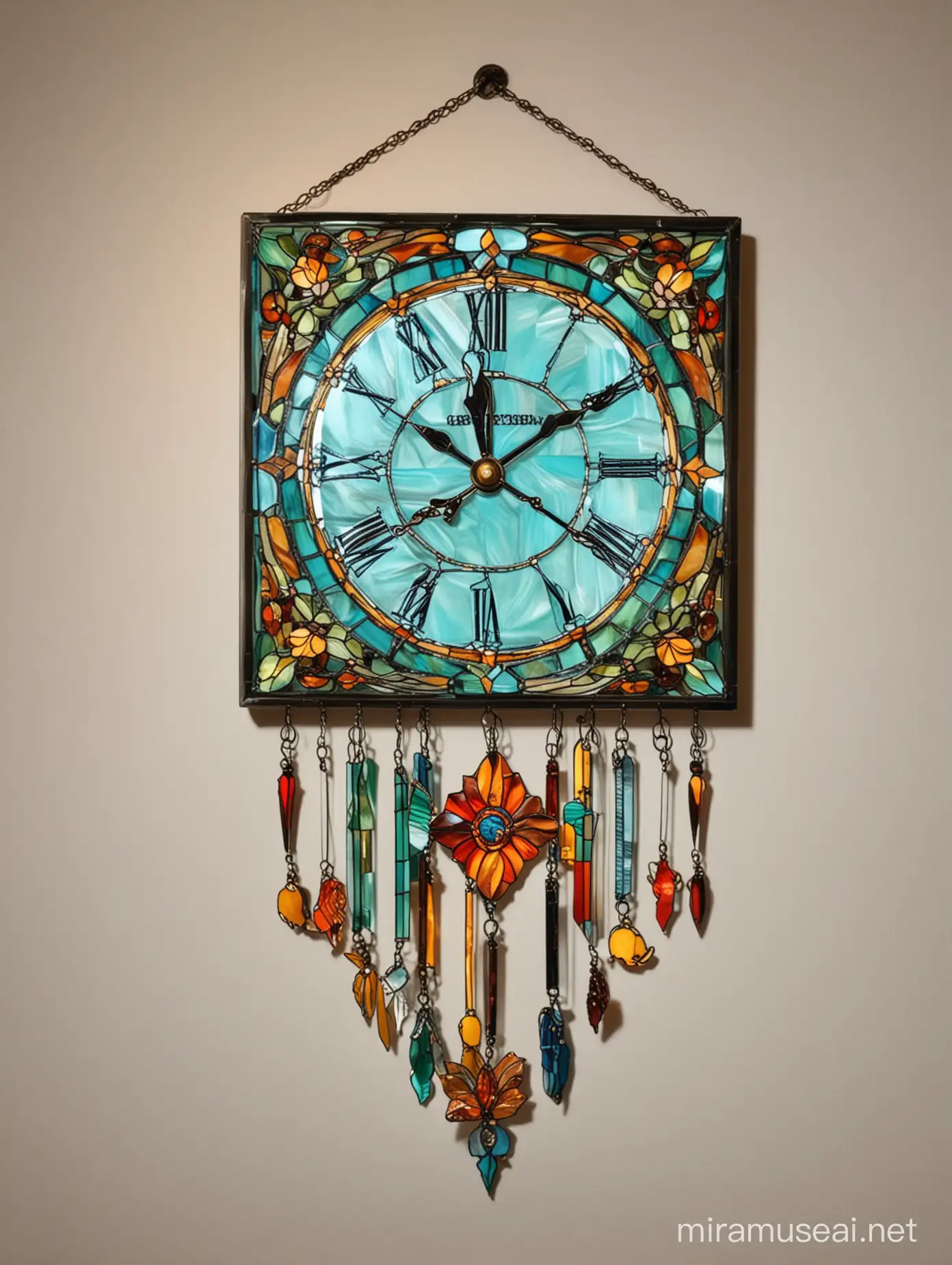 витражные часы тиффани из цветного стекла висят на стене 