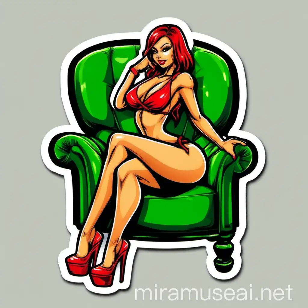 Cartoon sticker of a sexy stripper girl with red bikiny sitting on green chair