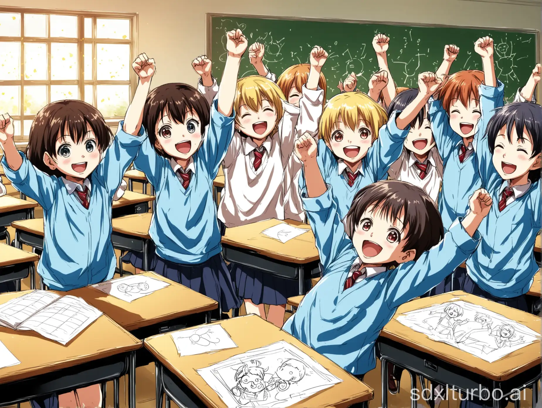 Draw an image of children on a classroom happily celebrating after successfully completing an experiment, the more exaggerated the better, in a two-dimensional anime style.