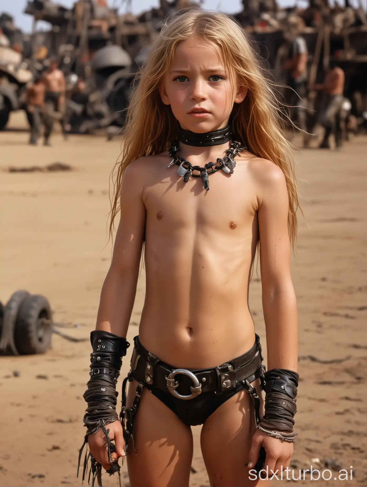 8 year old girl, leather bikini, choker, long ginger hair, exteremely muscular abs, in Mad Max Beyond Thunderdome