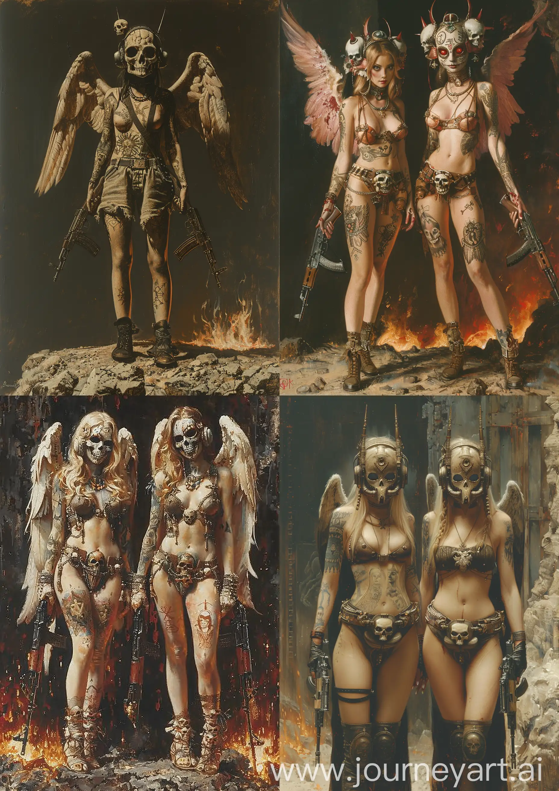 A painting by Edward Burne-Jones depicting two stylish female angel warriors with tattoos and terrifying masks. They are dressed in retro sci-fi attire adorned with skulls, each holding a realistic Kalashnikov. They stand on a burning rock, highly detailed and full-body —c 22 —s 750 —v 6.0 —ar 5:7