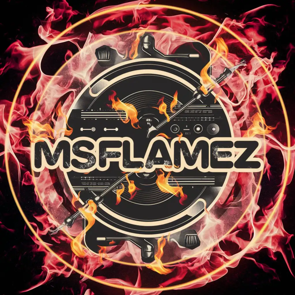 logo design,with the text: MsFlamez, main symbol: real dj controller, hippie,fire background, fire, black,pink,yellow
