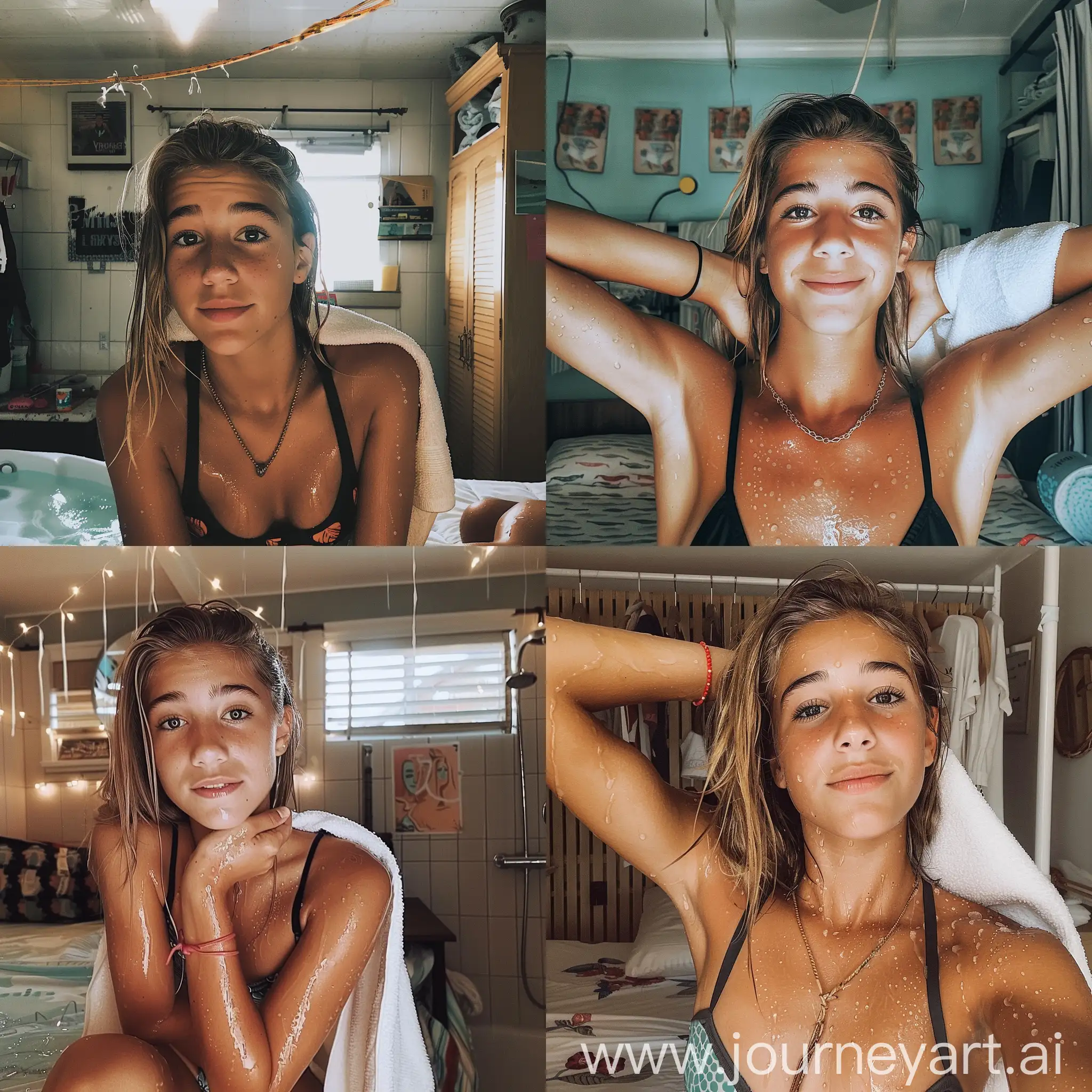 Aesthetic Instagram selfie of a VSCO woman in her bedroom, towel on shoulder, wet hair, swim suit