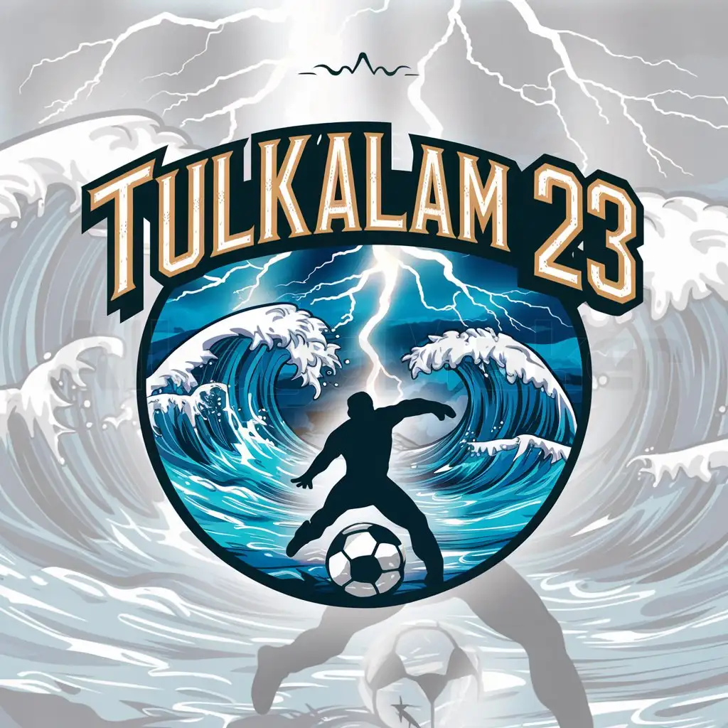 a logo design,with the text "Tulkalam 23", main symbol:a logo design,with the text 'tulkalam', main symbol:a storm on the sea. in centre of logo a animated shadow man smash a soccer football hard. thunder hitting. stormy weather,Moderate,clear background,Moderate,clear background
