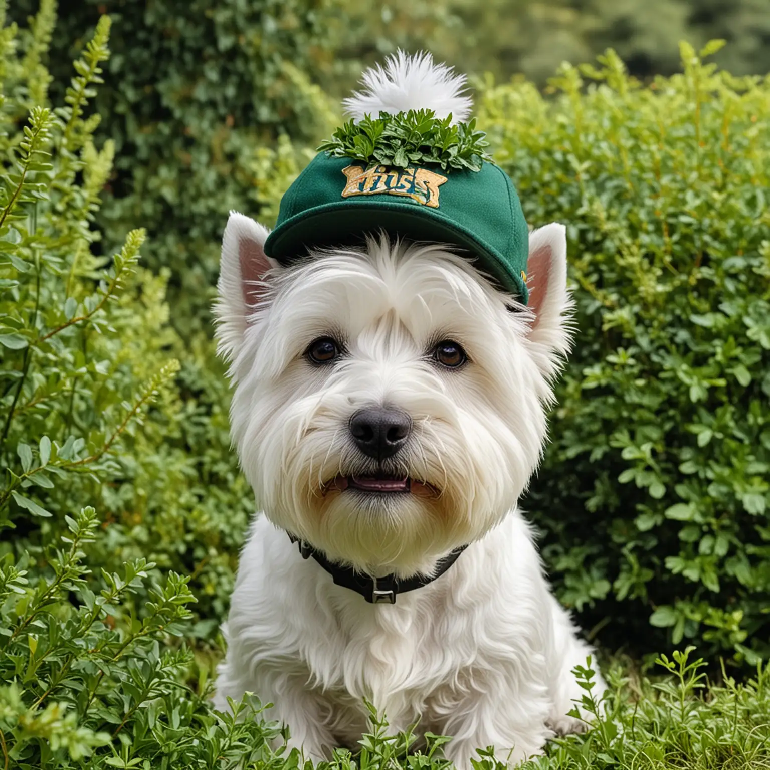 image of a beautifully groomed West Highland White Terrier, wearing an irish cap on his head and have greenery as the background