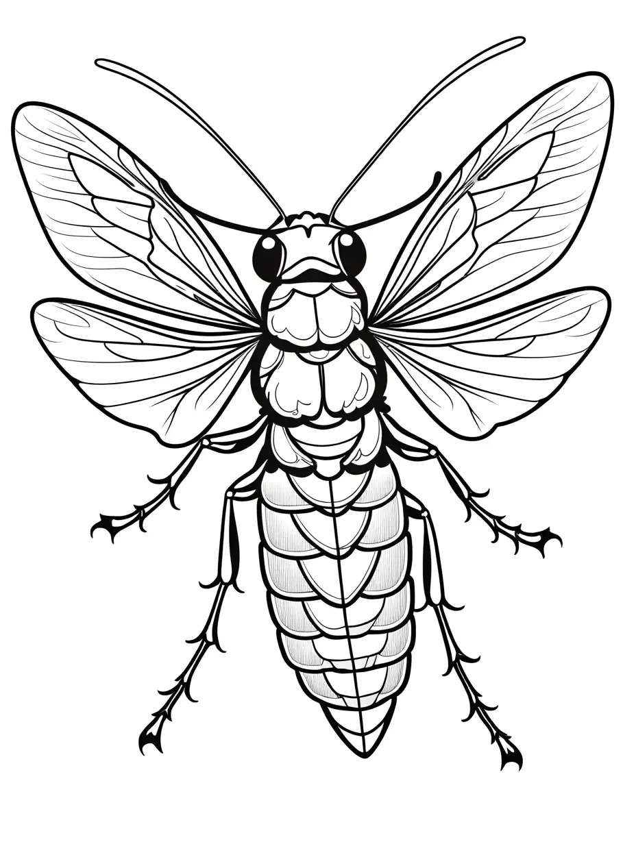 A cicada with transparent wings, singing loudly in a tree., Coloring Page, black and white, line art, white background, Simplicity, Ample White Space. The background of the coloring page is plain white to make it easy for young children to color within the lines. The outlines of all the subjects are easy to distinguish, making it simple for kids to color without too much difficulty