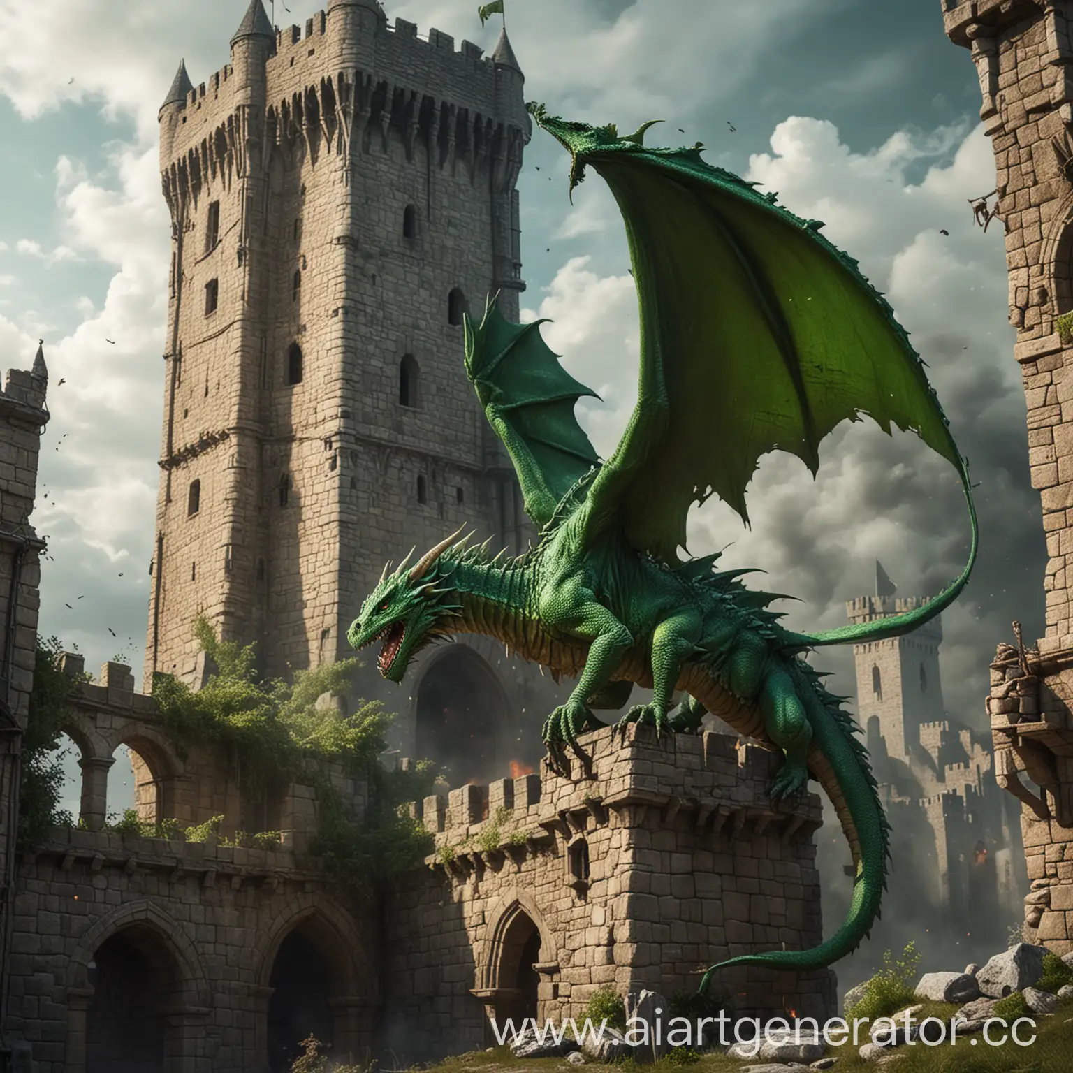 A green poisonous dragon destroys a medieval tower
