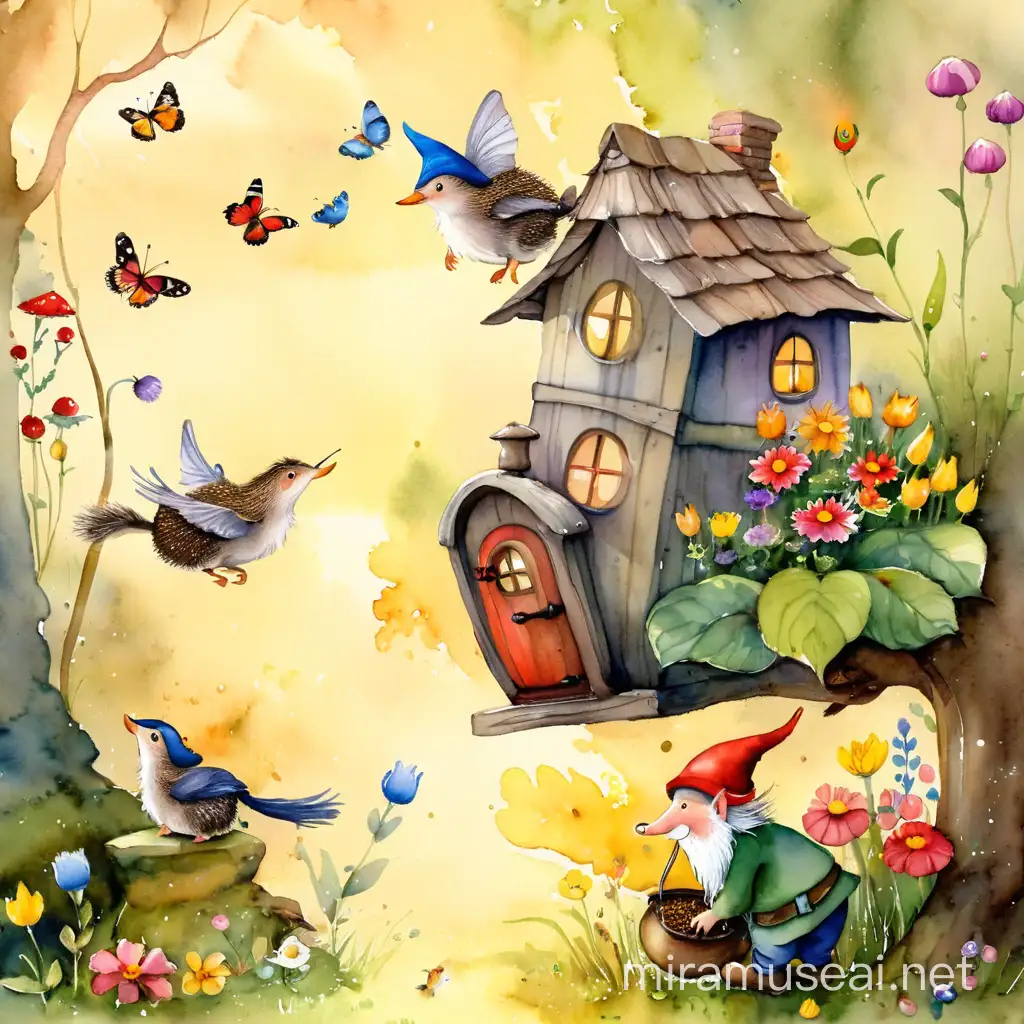 Whimsical Watercolor Cottage with Gnome and Wildlife