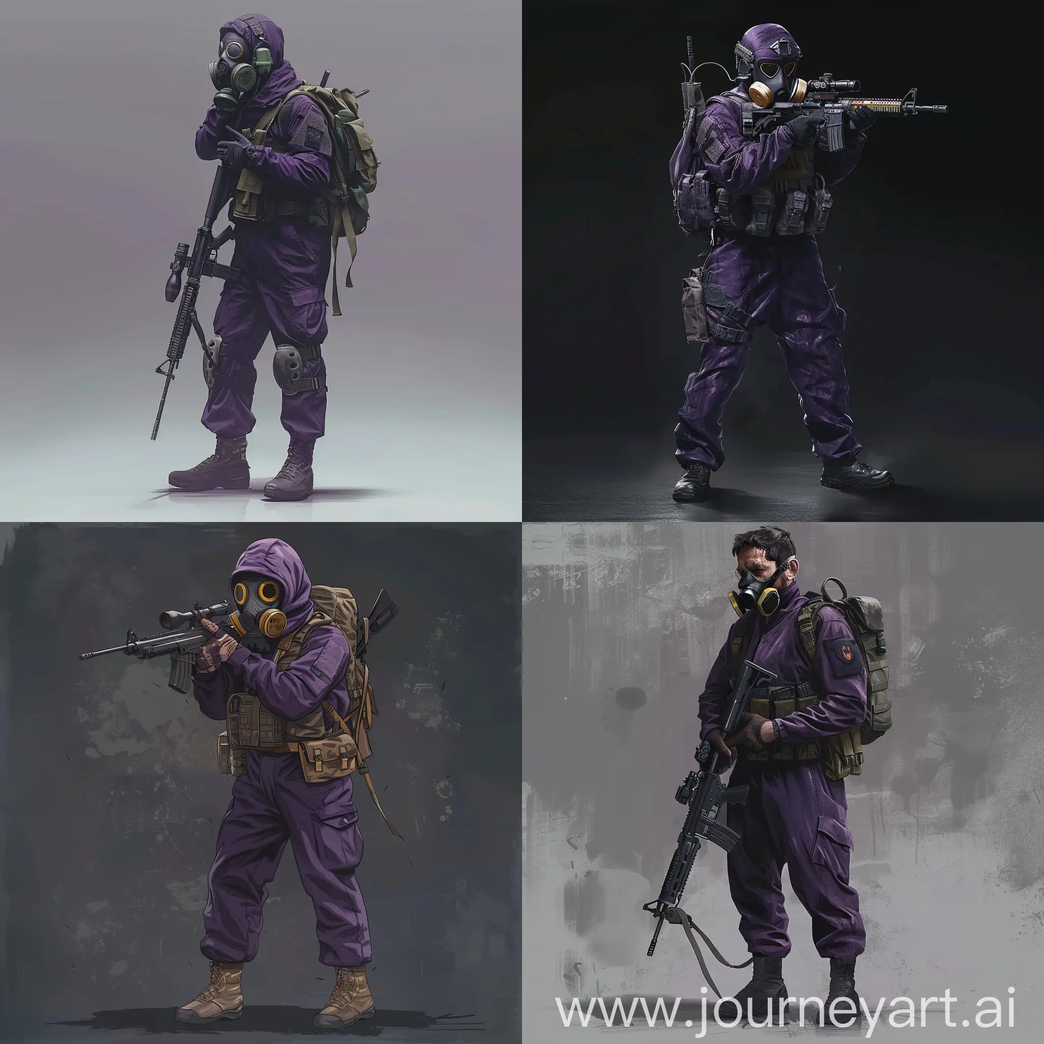 Concept character art, SAS operator, dark purple military jumpsuit, hazmat protective gasmask on his face, small military backpack, military unloading on his body, sniper rifle in his hands. 