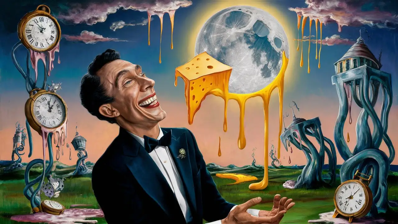 Surrealism Art Tuxedoed Man Laughing at the Moon
