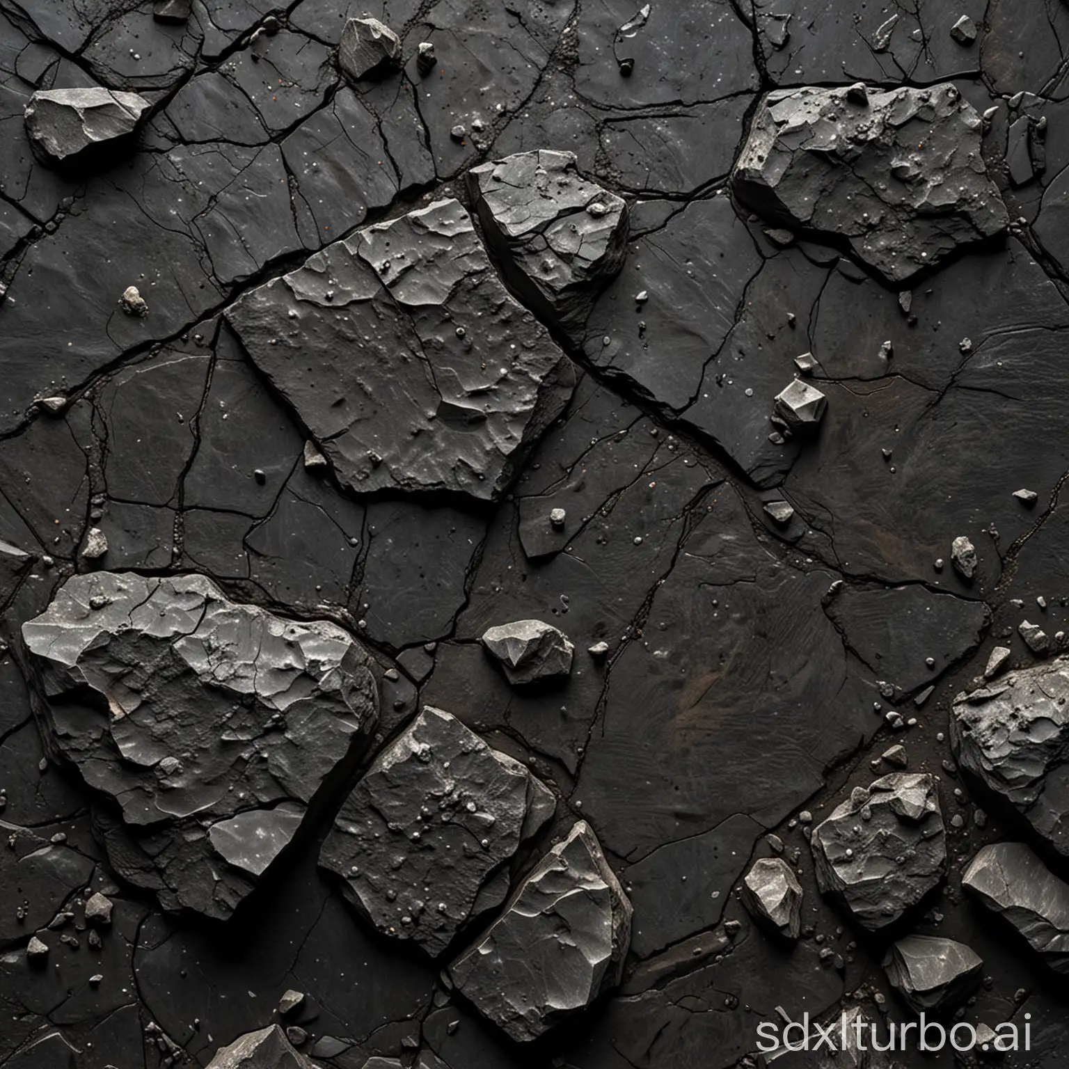 a dark cracked rocky surface with the texture of an asteroid, high details