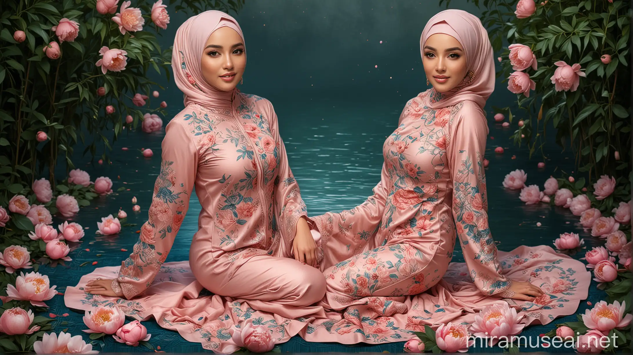 WITH BACKGROUND FULL OF PEONY FLOWERS AND LEAVES Arabic (full body shot, professional photography it with soft lights during the evening), sturdy and beautiful  female, middle age, medium breasts, elegant, highly detailed, digital painting, art station, sharp focus, glowing eyes, wear fully hijab sea blue and peach loose kebaya, cover whole body, floral patten, wear heels, Enhance, dynamic shot