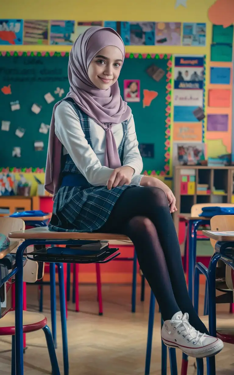 A girl, 13 years old, hijab, tight blouse, patterned school skirt, black opaque tights, white short converse shoes, in classroom. beautiful. Sits on the desk. Crossed legs. Side view, elegant