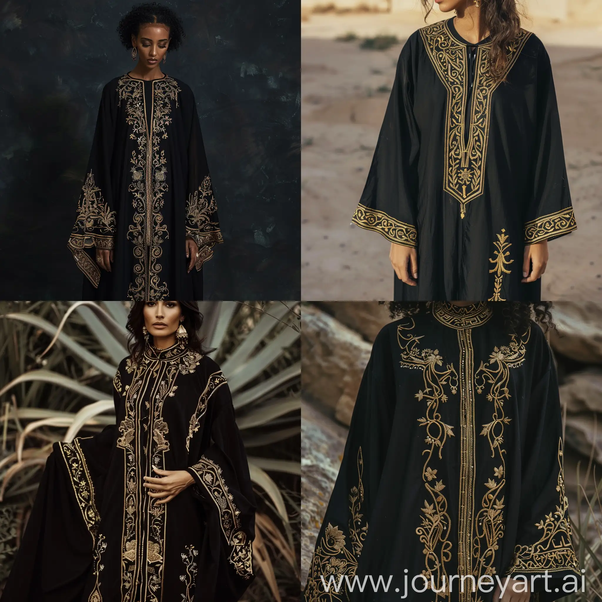 make image,  a 30 years old dressed in an elegant black Moroccan Caftan with detailed gold embroidery