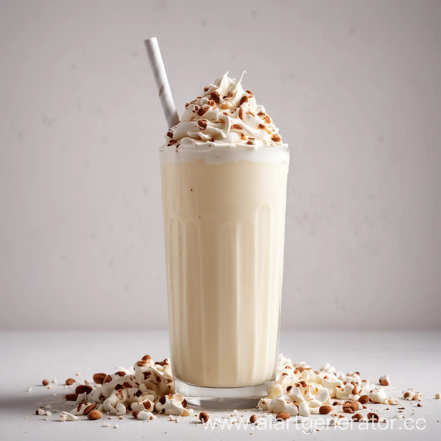 Make a picture with a vanilla milkshake, milkshake background in a white shade, studio photo, make it appetizing
